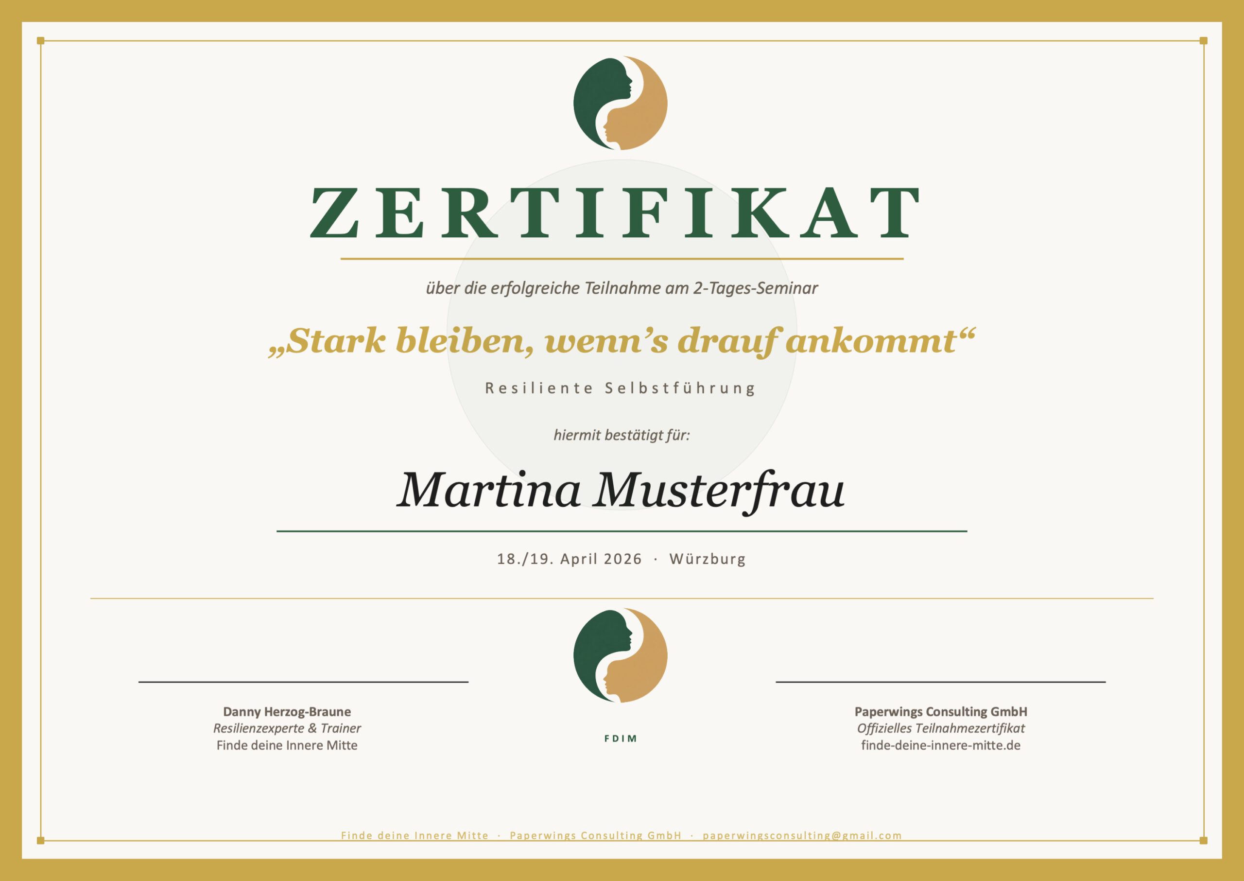 Muster-Zertifikat – Resiliente Selbstführung